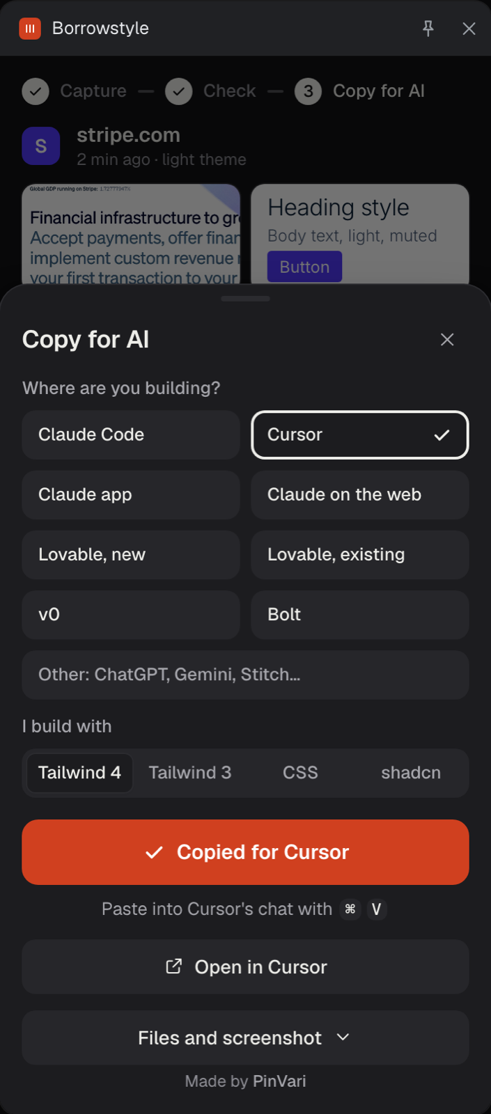 The Copy for AI sheet in dark mode