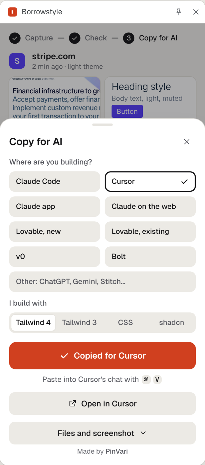 The Copy for AI sheet: choose where you build, then copy