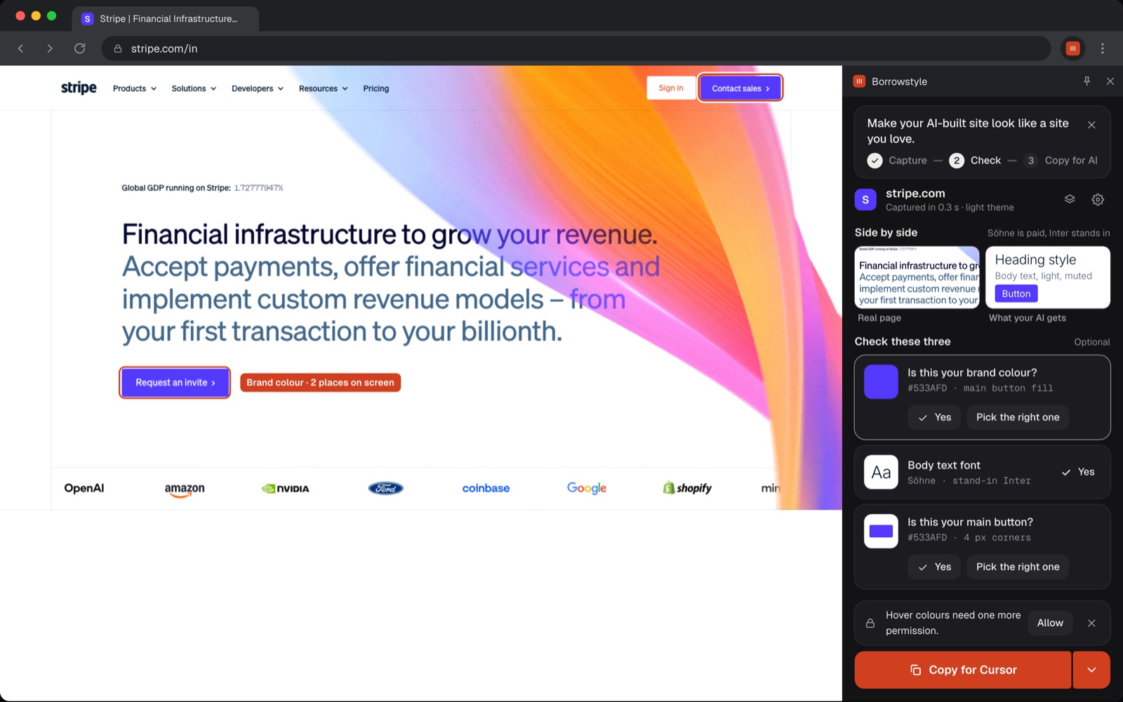 Borrowstyle side panel in dark mode next to stripe.com