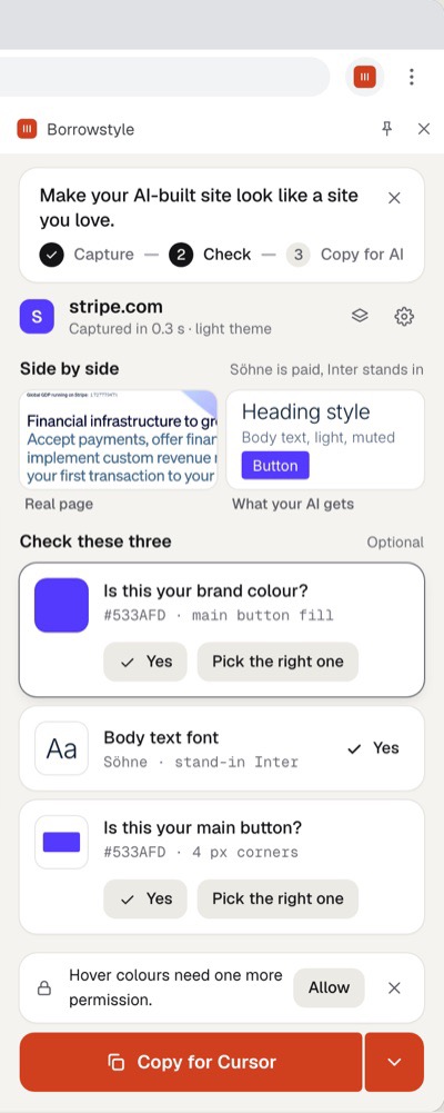 Borrowstyle side panel showing the captured brand colour, body font and main button